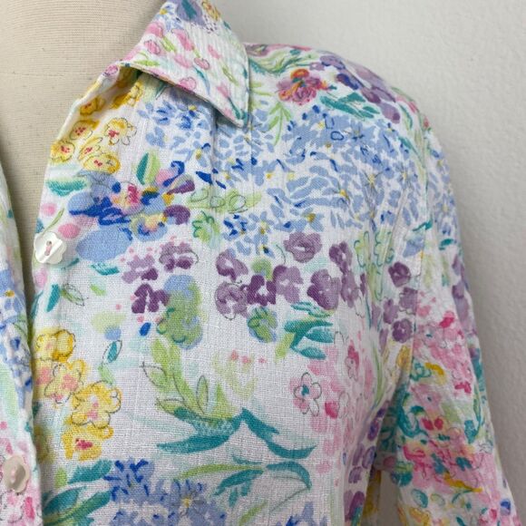 Vtg 90s Koret Womans Spring Floral Blouse Med Cotton Linen Short Sleeves Gauzy - Picture 3 of 9